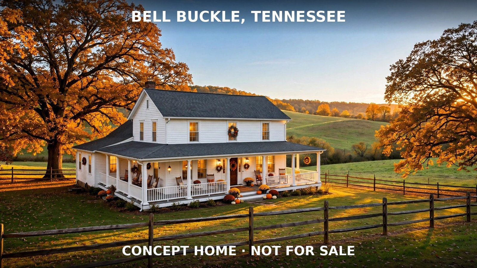 Front exterior of the concept farmhouse at golden hour in Bell Buckle, Tennessee. Concept home, not for sale.